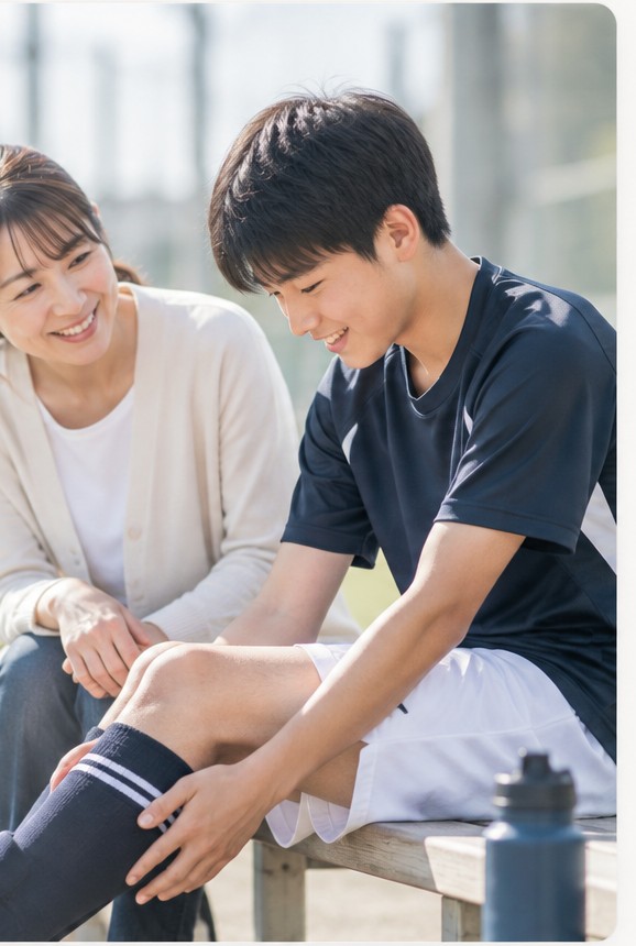 ひざの痛みについて話す中学生とその保護者(イメージ)